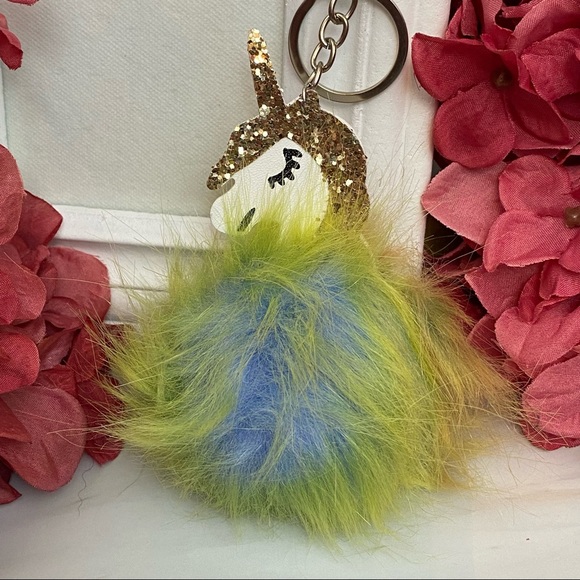 Fluffy Golden Unicorn Pom Pom Keychain Charm - Picture 2 of 12